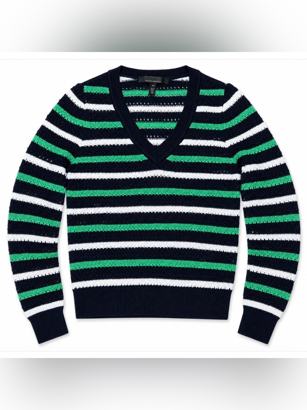WHITE HOUSE BLACK MARKET WHBM NAVY GREEN WHITE STRIPE V-NECK PULLOVER SWEATER XS